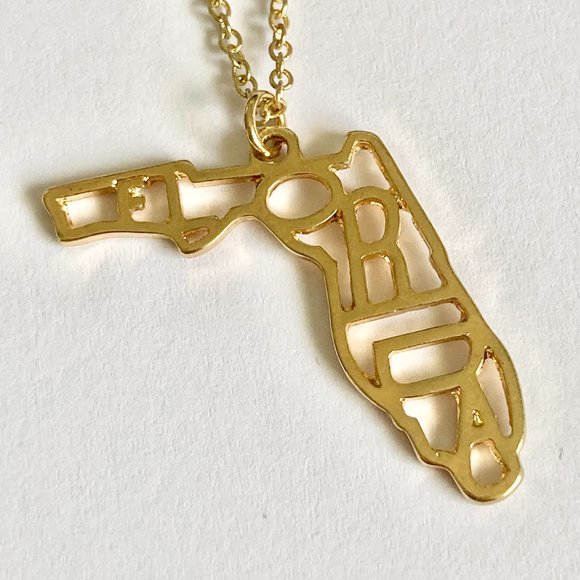 Florida State Map Flag Necklace Gold Plated 18-21" Sunshine Retirement Gift - Picture 3 of 8